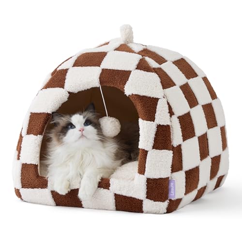 Lesure Cute Cat Beds for Indoor Cats - 2 in 1 Cat Cave Bed for Large Cats, House with Removable Washable Cushioned Pillow, Cozy Tent House with Non-Slip Bottom, Brown, 17.3 inches