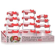 Bakken Borosilicate Glass Food Storage Containers with Lids 24 Pieces, BPA-Free Stackable Lunch & Leftover Containers, Microwave, Freezer & Dishwasher Safe, 100% Airtight Leak-Proof, Red