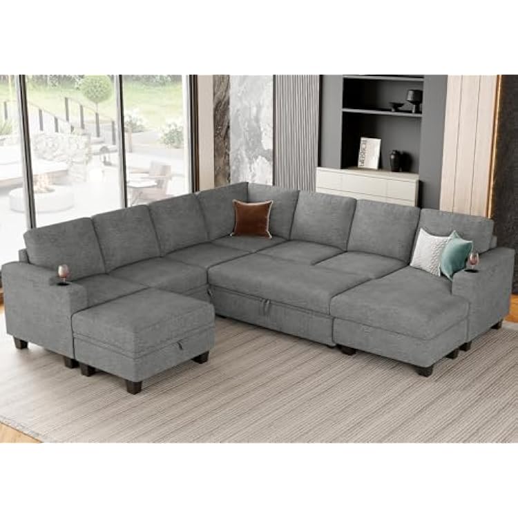 Belffin Oversized Modular Sectional Sleeper Sofa Couch with Pullout Bed U Shaped Couch with Storage Chaise Pull Out Sofa Bed for Living Room. Light Grey Couch