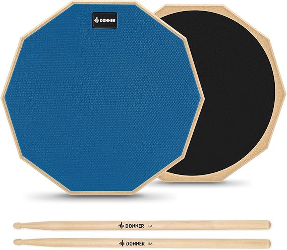 Donner 12 Inches Drum Practice Pad Silent Drum Pad Set Blue 2-Sided With Drum Sticks